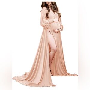 Elegant Cream Long Sleeve Maternity Dress